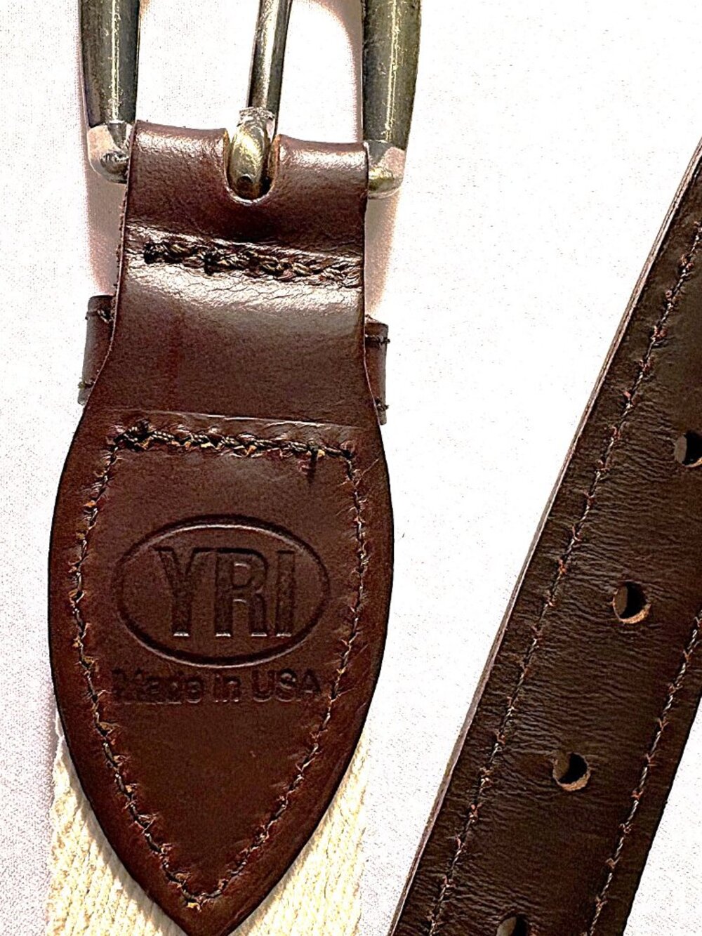 YRI leather Elephant-grey Belt Brass Buckle Maroon ribbon on tan strap SZ 30/75